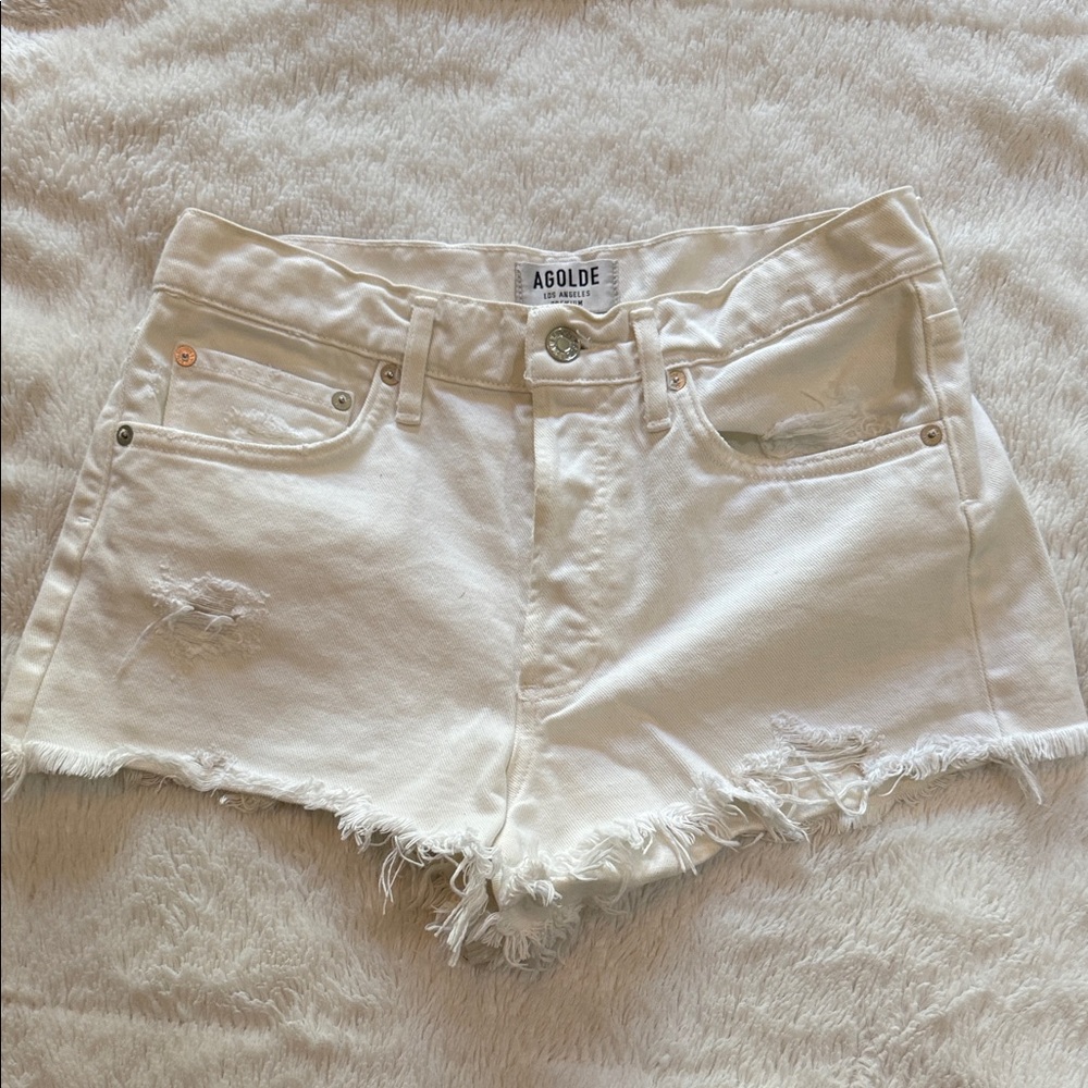 Agolde White Frayed Hem Distressed Denim Shorts